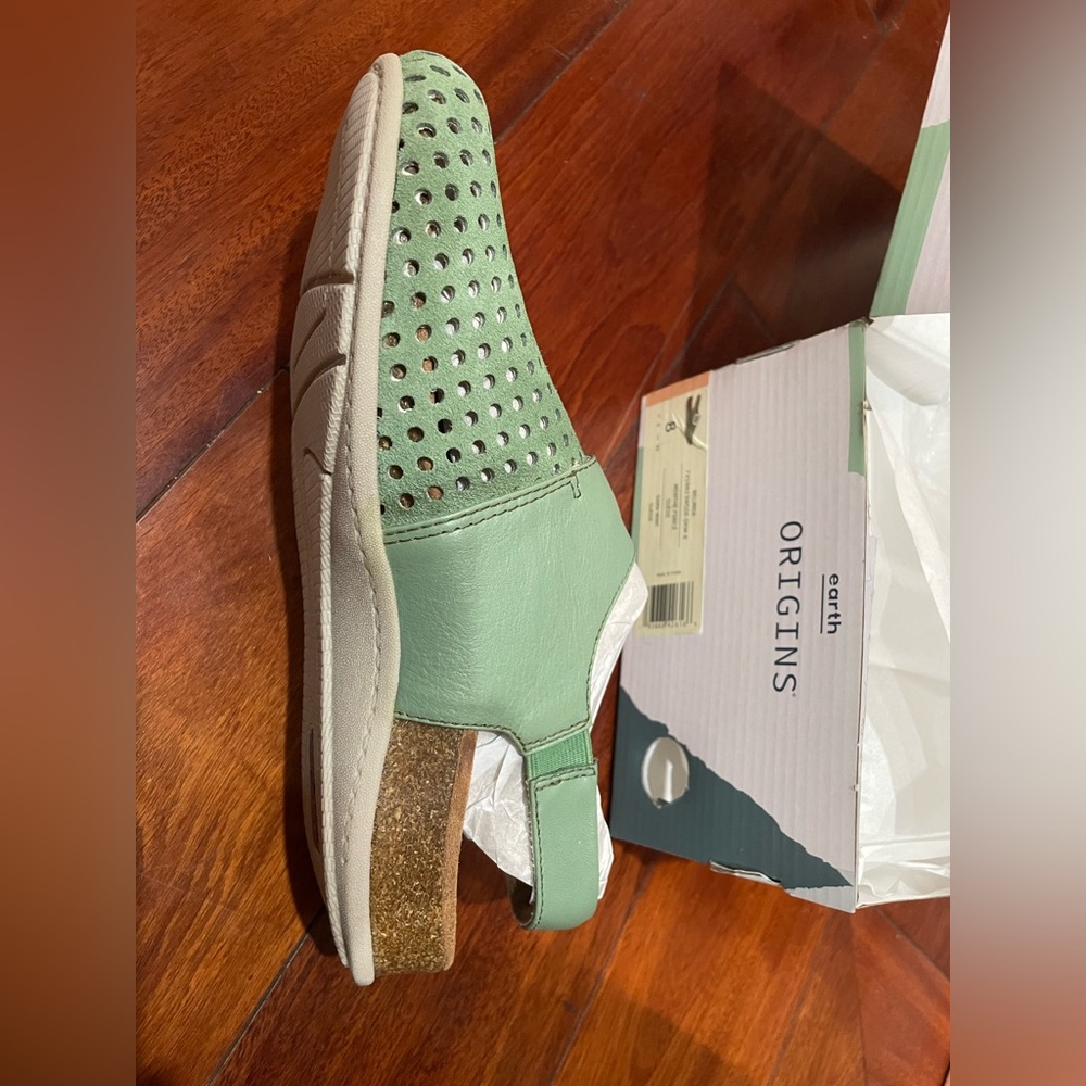 Earth Origins Sage Green Perforated Leather Slip-On Clogs with Buckle - Picture 3 of 5